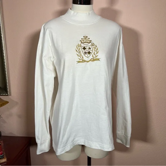 Vintage 1980 Icing Oversized Cream Gold Crown Embellished mock neck sweater - Picture 9 of 17